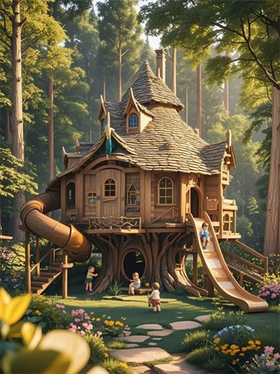 Medžių namas su skaidrėmis ir sūpynėmis